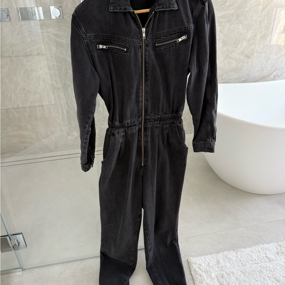Mango denim Black Jumpsuit with Relaxed Fit and Shirt Collar